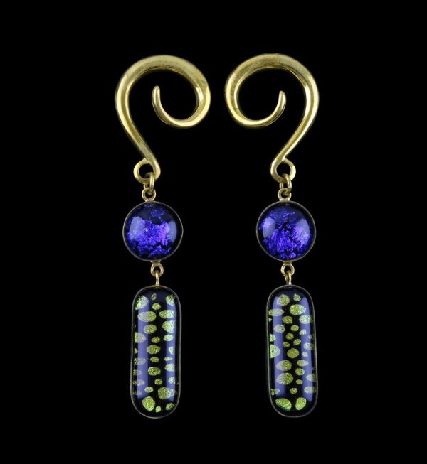 Blue & Yellow Polka Double Dichroic Plane Glass Brass Ear Weights For Discount