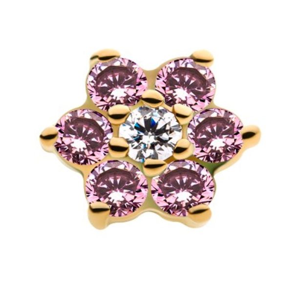 14kt Gold Pink & Clear CZ Flower Threadless Top Cheap