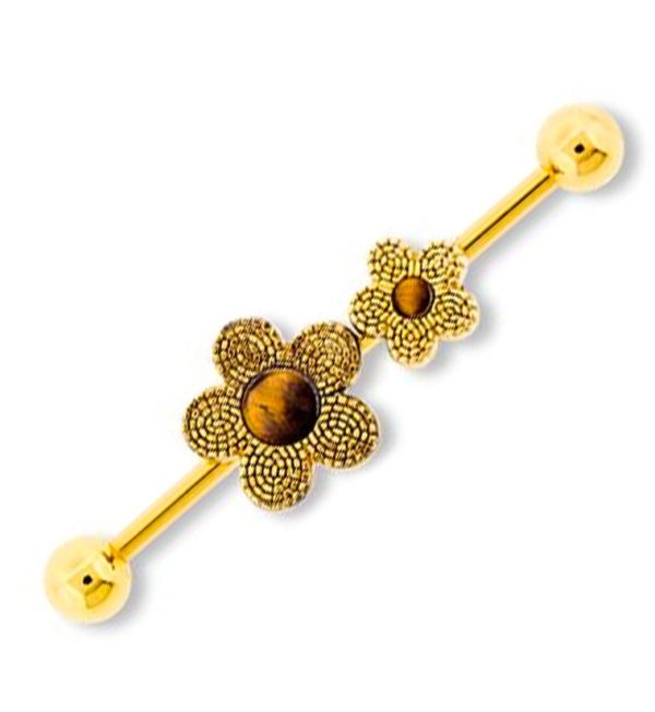 Gold PVD Flower with Tigers Eye Stone Industrial Barbell Online Hot Sale