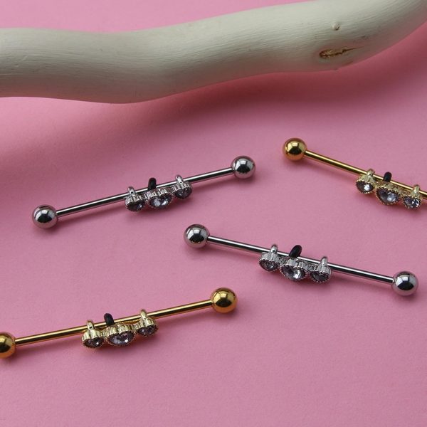Gold PVD Triple Heart Gem Industrial Barbell Online now - Image 2