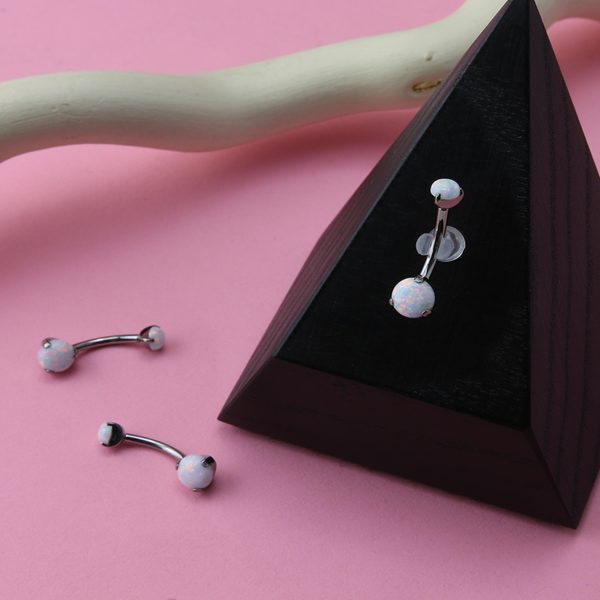 Double White Opalite Titanium Threadless Belly Button Ring For Sale - Image 3