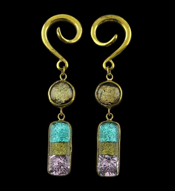 Golden Sunrise Double Oblong Dichroic Glass Brass Ear Weights Sale