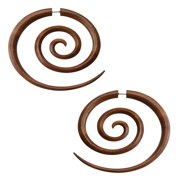 Saba Wood Fake Gauge Large Spirals Tribal Earrings Discount