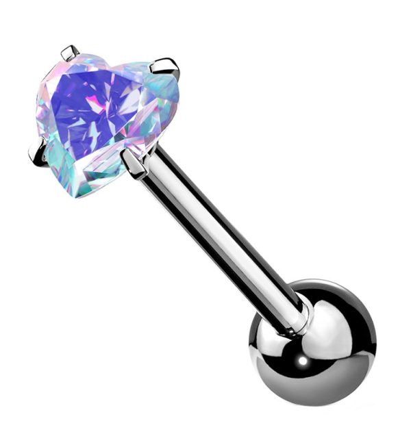 Rainbow Aurora Heart CZ Prong Set Stainless Steel Barbell Sale