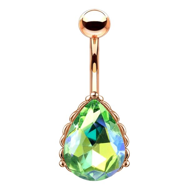 Rose Gold PVD Green Aurora Gem Drop Belly Button Ring For Cheap